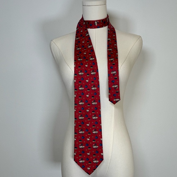 Mates Como 100% Silk Tie Made In Italy Red And Blue Geese & Pumpkins 57.5” Long - Picture 6 of 7